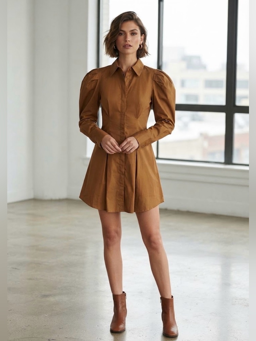 DHP Cognac Puff-Sleeve dress  Mini Dress size L